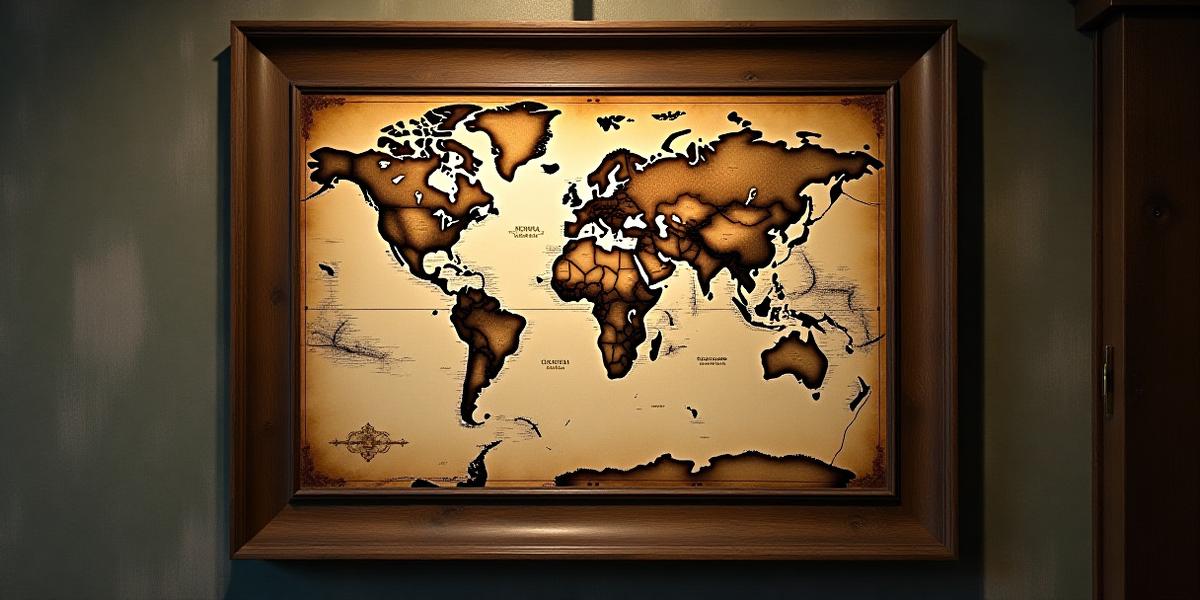 Vintage world map in a distressed rustic wooden frame